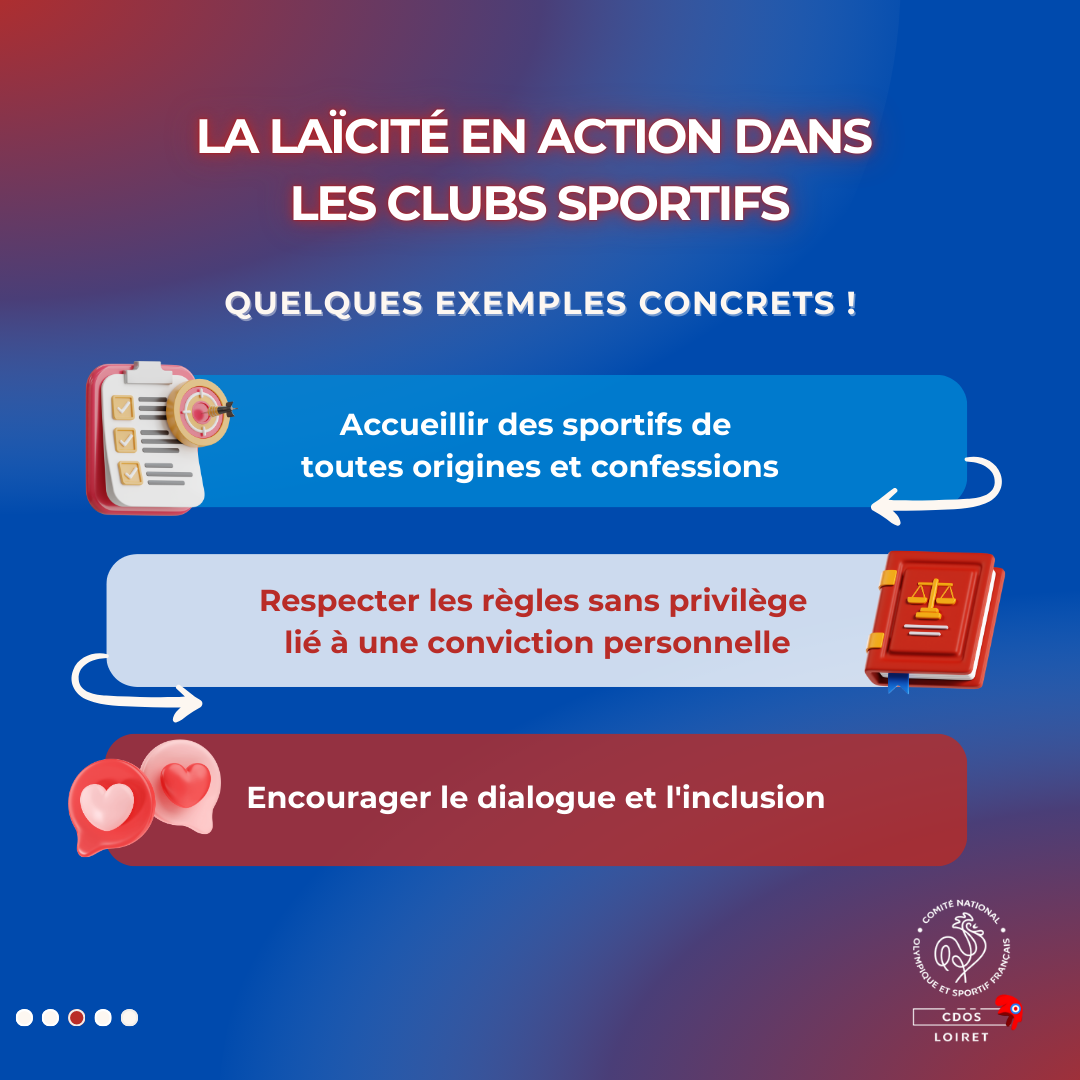 Les clubs sportifs appliquent la laïcité en accueillant des sportifs de toutes origines, en respectant des règles communes et en favorisant le dialogue et l’inclusion.