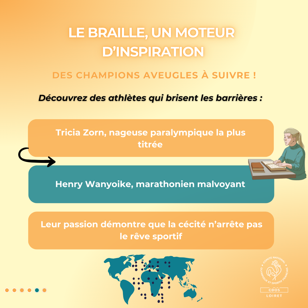 Des athlètes comme Tricia Zorn et Henry Wanyoike montrent que la cécité n’est pas un obstacle à l'excellence sportive, avec le braille comme outil d'apprentissage et de motivation.